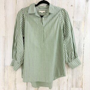 Ann Mashburn Sz M Geraldine Popover Shirt Green White Stripe Cotolino